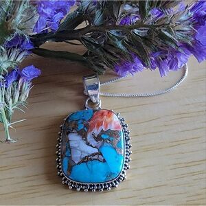 SOUTHWEST Copper Turquoise Spiny Oyster Sterling Silver Pendant & Necklace.